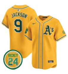 Men Oakland Athletics 9 Reggie Jackson Yellow 2024 Limited With Rickey Henderson Patch Stitched Jersey Men Oakland Athletics 9 Reggie Jackson Yellow 2024 Limited With Rickey Henderson Patch Stitched Jersey