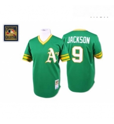 Mens Mitchell and Ness Oakland Athletics 9 Reggie Jackson Authentic Green Throwback MLB Jersey Mens Mitchell and Ness Oakland Athletics 9 Reggie Jackson Authentic Green Throwback MLB Jersey