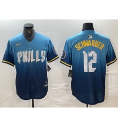 Men Philadelphia Phillies 12 Kyle Schwarber Blue 2024 City Connect Limited Stitched Jersey 5 Men Philadelphia Phillies 12 Kyle Schwarber Blue 2024 City Connect Limited Stitched Jersey 5