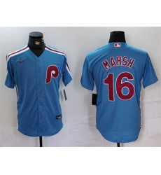 Men Philadelphia Phillies 16 Brandon Marsh Blue Cool Base Stitched Jersey Men Philadelphia Phillies 16 Brandon Marsh Blue Cool Base Stitched Jersey