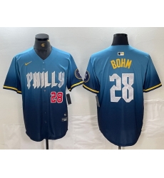 Men Philadelphia Phillies 28 Alec Bohm Blue 2024 City Connect Limited Stitched Baseball Jersey 4 Men Philadelphia Phillies 28 Alec Bohm Blue 2024 City Connect Limited Stitched Baseball Jersey 4