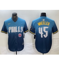 Men Philadelphia Phillies 45 Zack Wheeler Blue 2024 City Connect Limited Stitched Baseball Jersey 3 Men Philadelphia Phillies 45 Zack Wheeler Blue 2024 City Connect Limited Stitched Baseball Jersey 3