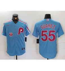 Men Philadelphia Phillies 55 Ranger Suarez Blue Cool Base Stitched Jersey 1 Men Philadelphia Phillies 55 Ranger Suarez Blue Cool Base Stitched Jersey 1