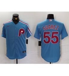 Men Philadelphia Phillies 55 Ranger Suarez Blue Cool Base Stitched Jersey Men Philadelphia Phillies 55 Ranger Suarez Blue Cool Base Stitched Jersey