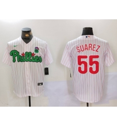Men Philadelphia Phillies 55 Ranger Suarez White Green Cool Base Stitched Jersey 2 Men Philadelphia Phillies 55 Ranger Suarez White Green Cool Base Stitched Jersey 2