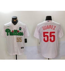 Men Philadelphia Phillies 55 Ranger Suarez White Green Cool Base Stitched Jersey 3 Men Philadelphia Phillies 55 Ranger Suarez White Green Cool Base Stitched Jersey 3