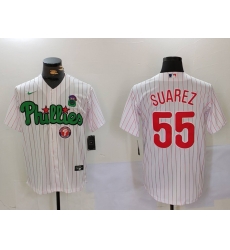 Men Philadelphia Phillies 55 Ranger Suarez White Green Cool Base Stitched Jersey 5 Men Philadelphia Phillies 55 Ranger Suarez White Green Cool Base Stitched Jersey 5