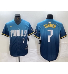 Men Philadelphia Phillies 7 Trea Turner Blue 2024 City Connect Limited Stitched Jersey 3 Men Philadelphia Phillies 7 Trea Turner Blue 2024 City Connect Limited Stitched Jersey 3