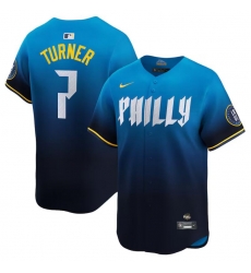 Men Philadelphia Phillies 7 Trea Turner Blue 2024 City Connect Limited Stitched Jersey Men Philadelphia Phillies 7 Trea Turner Blue 2024 City Connect Limited Stitched Jersey
