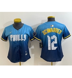 Women Philadelphia Phillies 12 Kyle Schwarber Blue 2024 City Connect Limited Stitched Baseball Jersey Women Philadelphia Phillies 12 Kyle Schwarber Blue 2024 City Connect Limited Stitched Baseball Jersey