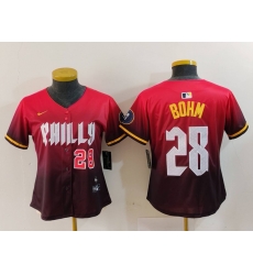 Women Philadelphia Phillies 28 Alec Bohm Red 2024 City Connect Limited Stitched Baseball Jersey 1 Women Philadelphia Phillies 28 Alec Bohm Red 2024 City Connect Limited Stitched Baseball Jersey 1