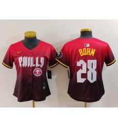 Women Philadelphia Phillies 28 Alec Bohm Red 2024 City Connect Limited Stitched Baseball Jersey 3 Women Philadelphia Phillies 28 Alec Bohm Red 2024 City Connect Limited Stitched Baseball Jersey 3