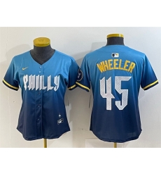 Women Philadelphia Phillies 45 Zack Wheeler Blue 2024 City Connect Limited Stitched Baseball Jersey Women Philadelphia Phillies 45 Zack Wheeler Blue 2024 City Connect Limited Stitched Baseball Jersey