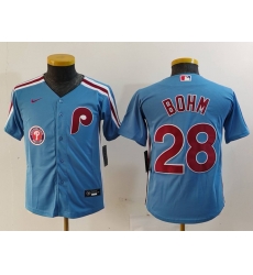 Youth Philadelphia Phillies 28 Alec Bohm Blue Cool Base Stitched Baseball Jersey 2 Youth Philadelphia Phillies 28 Alec Bohm Blue Cool Base Stitched Baseball Jersey 2
