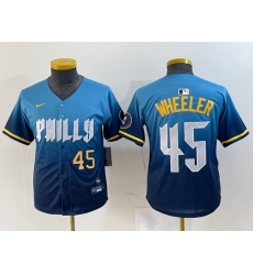 Youth Philadelphia Phillies 45 Zack Wheeler Blue 2024 City Connect Limited Stitched Baseball Jersey 4 Youth Philadelphia Phillies 45 Zack Wheeler Blue 2024 City Connect Limited Stitched Baseball Jersey 4