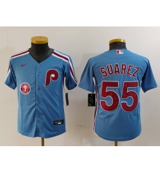 Youth Philadelphia Phillies 55 Ranger Suarez Blue Cool Base Stitched Baseball Jersey 1 Youth Philadelphia Phillies 55 Ranger Suarez Blue Cool Base Stitched Baseball Jersey 1