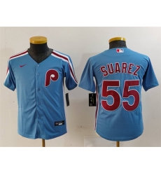 Youth Philadelphia Phillies 55 Ranger Suarez Blue Cool Base Stitched Baseball Jersey Youth Philadelphia Phillies 55 Ranger Suarez Blue Cool Base Stitched Baseball Jersey