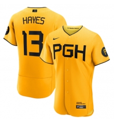 Men Pittsburgh Pirates 13 Ke 27Bryan Hayes Gold 2023 City Connect Flex Base Stitched Jersey Men Pittsburgh Pirates 13 Ke 27Bryan Hayes Gold 2023 City Connect Flex Base Stitched Jersey