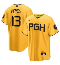 Men Pittsburgh Pirates 13 Ke 27Bryan Hayes Gold 2023 City Connect Stitched Jersey Men Pittsburgh Pirates 13 Ke 27Bryan Hayes Gold 2023 City Connect Stitched Jersey