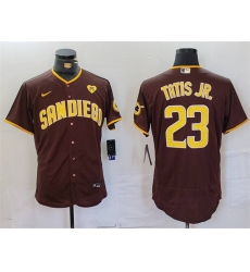 Men San Diego Padres 23 Fernando Tatis Jr Brown With PS Patch Flex Base Stitched Baseball Jersey Men San Diego Padres 23 Fernando Tatis Jr Brown With PS Patch Flex Base Stitched Baseball Jersey
