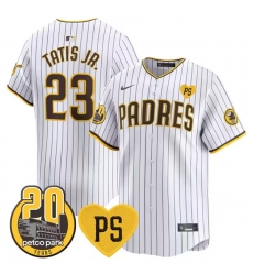 Men San Diego Padres 23 Fernando Tatis Jr White u201CFor Peter u201D And Petco Park 20th Patch Limited Stitched Baseball Jersey Men San Diego Padres 23 Fernando Tatis Jr White u201CFor Peter u201D And Petco Park 20th Patch Limited Stitched Baseball Jersey