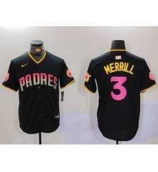 Men San Diego Padres 3 Jackson Merrill Black Cool Base Stitched Baseball Jersey 5 Men San Diego Padres 3 Jackson Merrill Black Cool Base Stitched Baseball Jersey 5