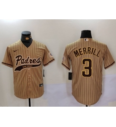 Men San Diego Padres 3 Jackson Merrill Brown Cool Base Stitched Baseball Jersey 5 Men San Diego Padres 3 Jackson Merrill Brown Cool Base Stitched Baseball Jersey 5