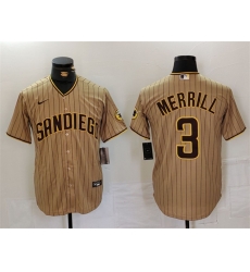 Men San Diego Padres 3 Jackson Merrill Tan Cool Base Stitched Baseball Jersey Men San Diego Padres 3 Jackson Merrill Tan Cool Base Stitched Baseball Jersey