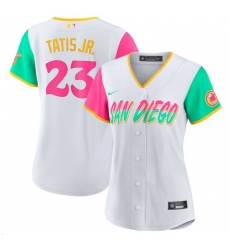 Women San Diego Padres 23 Fernando Tatis Jr 2022 White City Connect Cool Base Stitched Baseball Jersey Women San Diego Padres 23 Fernando Tatis Jr 2022 White City Connect Cool Base Stitched Baseball Jersey