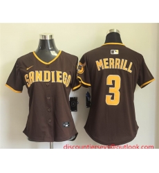 Women San Diego Padres 3 Jackson Merrill Brown Away Stitched Baseball Jersey Women San Diego Padres 3 Jackson Merrill Brown Away Stitched Baseball Jersey