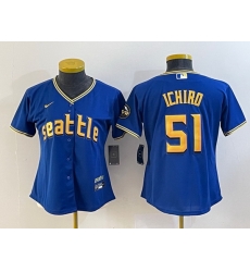 Women Seattle Mariners 51 Ichiro Suzuki Royal 2023 City Connect Stitched Baseball Jersey Women Seattle Mariners 51 Ichiro Suzuki Royal 2023 City Connect Stitched Baseball Jersey