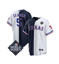Men Texas Rangers 26 Cowboys 5 Corey Seager Navy White 2023 World Series Splite Stitched Baseball Jersey Men Texas Rangers 26 Cowboys 5 Corey Seager Navy White 2023 World Series Splite Stitched Baseball Jersey