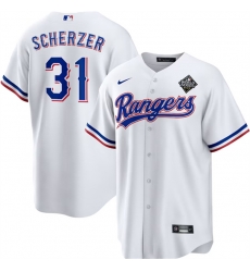 Men Texas Rangers 31 Max Scherzer 2023 White World Series Stitched Baseball Jersey Men Texas Rangers 31 Max Scherzer 2023 White World Series Stitched Baseball Jersey