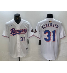 Men Texas Rangers 31 Max Scherzer White Gold Cool Base Stitched Baseball Jersey 4 Men Texas Rangers 31 Max Scherzer White Gold Cool Base Stitched Baseball Jersey 4