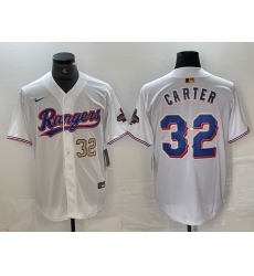 Men Texas Rangers 32 Evan Carter White Gold Cool Base Stitched Baseball Jersey Men Texas Rangers 32 Evan Carter White Gold Cool Base Stitched Baseball Jersey