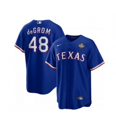 Men Texas Rangers 48 Jacob DeGrom Royal 2023 World Series Cool Base Stitched Baseball Jersey Men Texas Rangers 48 Jacob DeGrom Royal 2023 World Series Cool Base Stitched Baseball Jersey