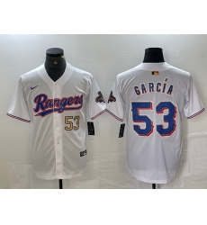 Men Texas Rangers 53 Adolis Garc EDa White Gold Cool Base Stitched Baseball Jersey 1 Men Texas Rangers 53 Adolis Garc EDa White Gold Cool Base Stitched Baseball Jersey 1