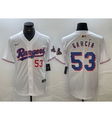 Men Texas Rangers 53 Adolis Garcia Number White 2023 World Series Champions Cool Base Jersey Men Texas Rangers 53 Adolis Garcia Number White 2023 World Series Champions Cool Base Jersey