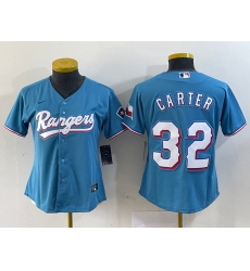Women Texas Rangers 32 Evan Carter Blue With Patch Stitched Baseball Jersey Women Texas Rangers 32 Evan Carter Blue With Patch Stitched Baseball Jersey