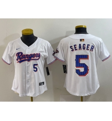 Women Texas Rangers 5 Corey Seager White Gold Stitched Baseball Jersey 6 Women Texas Rangers 5 Corey Seager White Gold Stitched Baseball Jersey 6