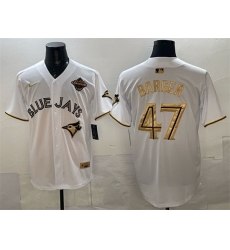 Men Toronto Blue Jays 47 Addison Barger White Gold 2025 American League Champions Limited Stitched Baseball Jersey