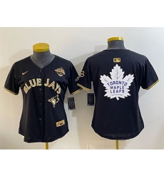 Women Toronto Blue Jays 26 Leafs Black Gold 2025 American League Champions With White Leafs Logo Limited Stitched Baseball Jersey Women Toronto Blue Jays 26 Leafs Black Gold 2025 American League Champions With White Leafs Logo Limited Stitched Baseball Jersey