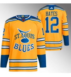 Men St Louis Blues 12 Kevin Hayes Yellow 2022 23 Reverse Retro Stitched Jersey Men St Louis Blues 12 Kevin Hayes Yellow 2022 23 Reverse Retro Stitched Jersey