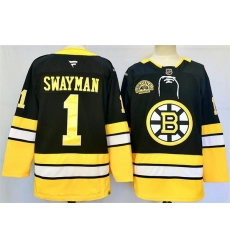 Men Boston Bruins 1 Jeremy Swayman Black 100th Anniversary Stitched Hockey Jersey Men Boston Bruins 1 Jeremy Swayman Black 100th Anniversary Stitched Hockey Jersey