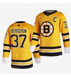 Men Boston Bruins 37 Patrice Bergeron 2020 21 Yellow Reverse Retro Stitched Jersey Men Boston Bruins 37 Patrice Bergeron 2020 21 Yellow Reverse Retro Stitched Jersey