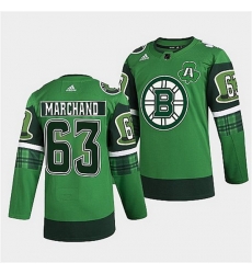 Men Boston Bruins 63 Brad Marchand 2022 Green St Patricks Day Warm Up Stitched jersey Men Boston Bruins 63 Brad Marchand 2022 Green St Patricks Day Warm Up Stitched jersey