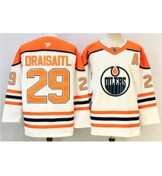 Men Edmonton Oilers 29 Leon Draisaitl White Orange 2024 25 With A Patch Stitched Jersey