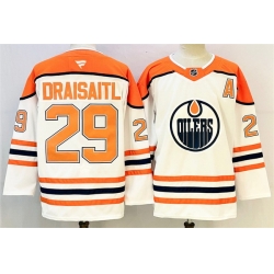Men Edmonton Oilers 29 Leon Draisaitl White Orange 2024 25 With A Patch Stitched Jersey