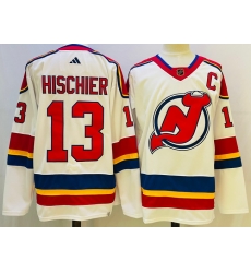Men New Jersey Devils 13 Nico Hischier White 2022 23 Reverse Retro Stitched Jersey Men New Jersey Devils 13 Nico Hischier White 2022 23 Reverse Retro Stitched Jersey