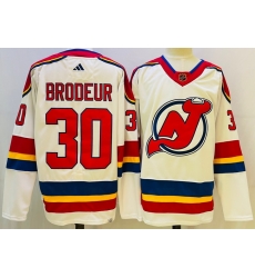 Men New Jersey Devils 30 Martin Brodeur White 2022 23 Reverse Retro Stitched Jersey Men New Jersey Devils 30 Martin Brodeur White 2022 23 Reverse Retro Stitched Jersey